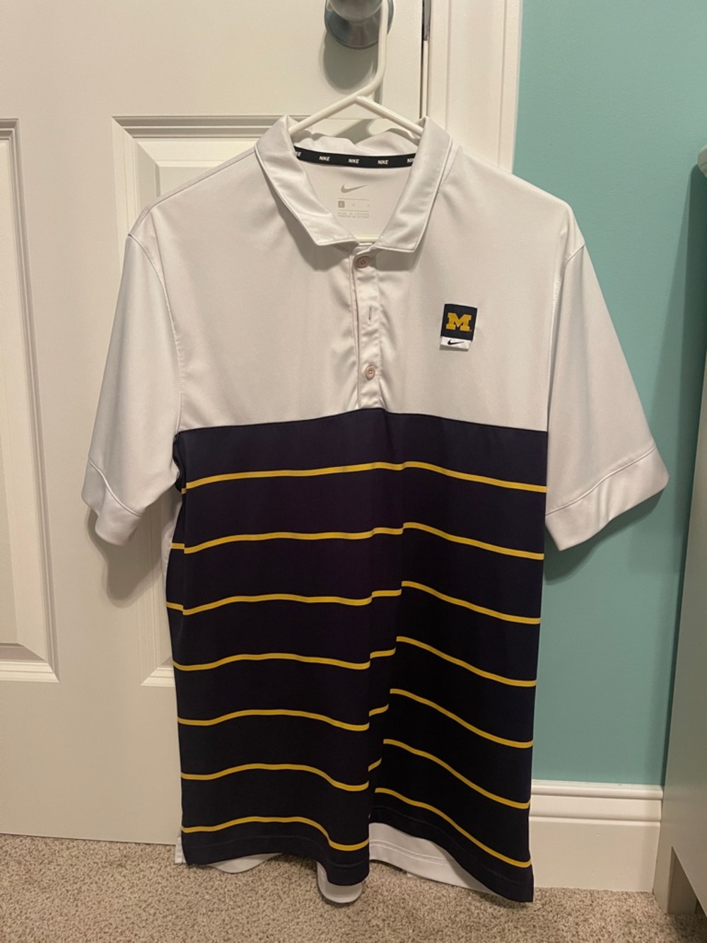 Nike University of Michigan White and Navy Polo with Yellow Stripes